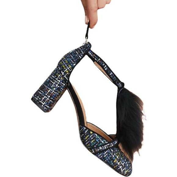 Anthropologie Bettye Muller women 9 Blue T strap Tweed Block Heel Pumps - Picture 2 of 9